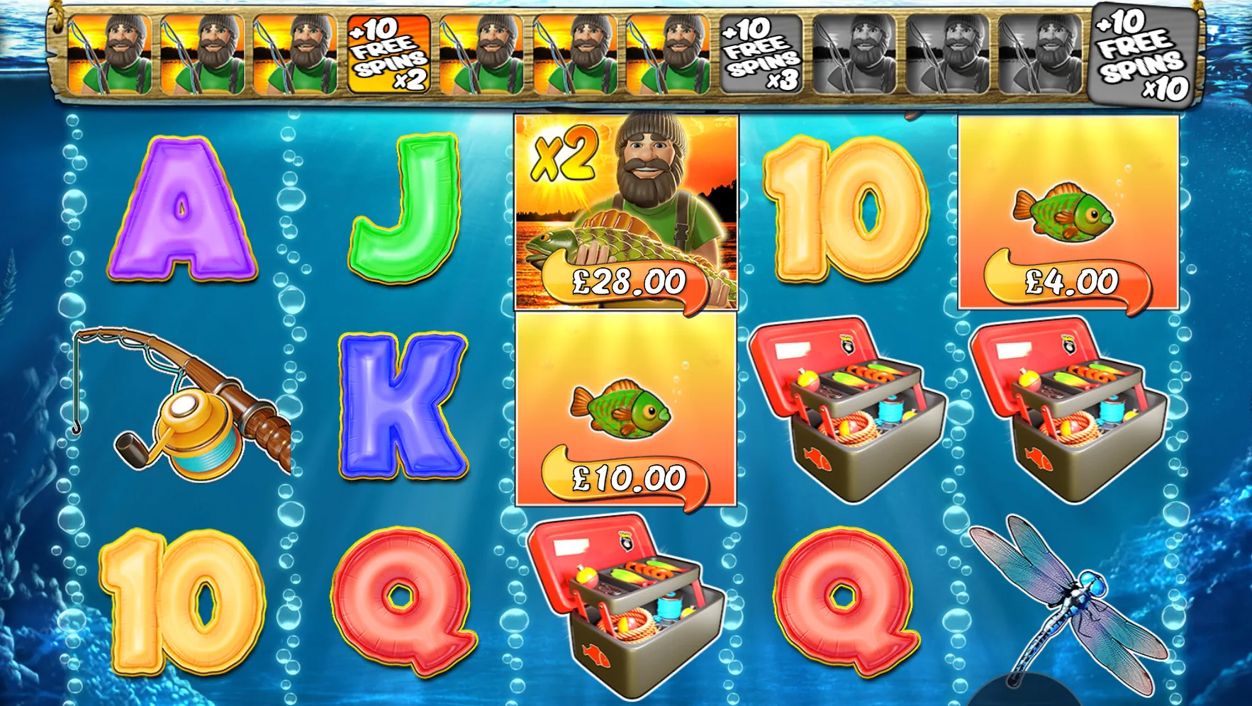 Big Bass Bonanza Free Spins with an x2 Fisherman Wild and Fish Money symbols visible on the reels