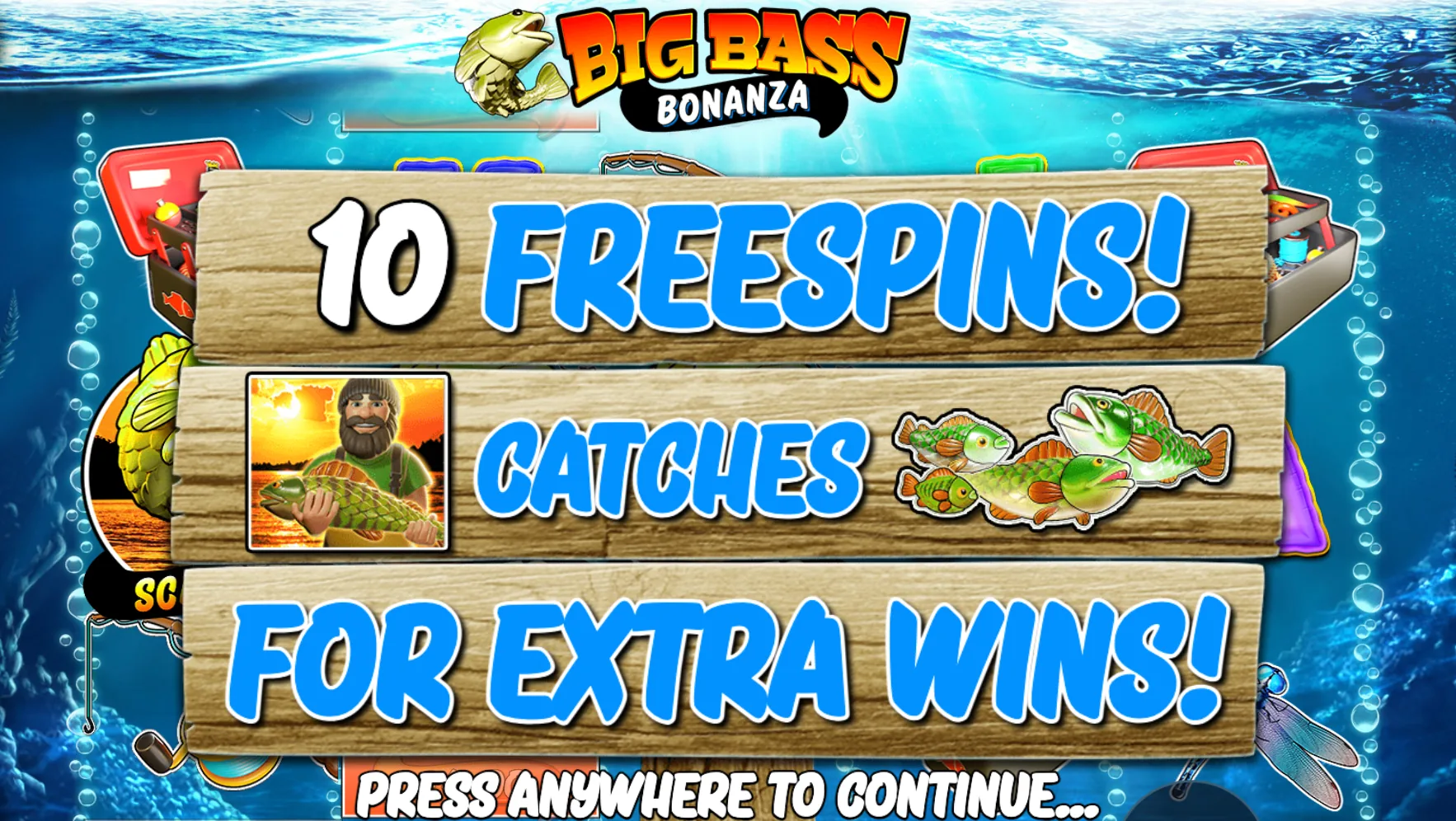 Big Bass Bonanza feature screen showing 10 Free Spins and Fisherman catches for extra wins
