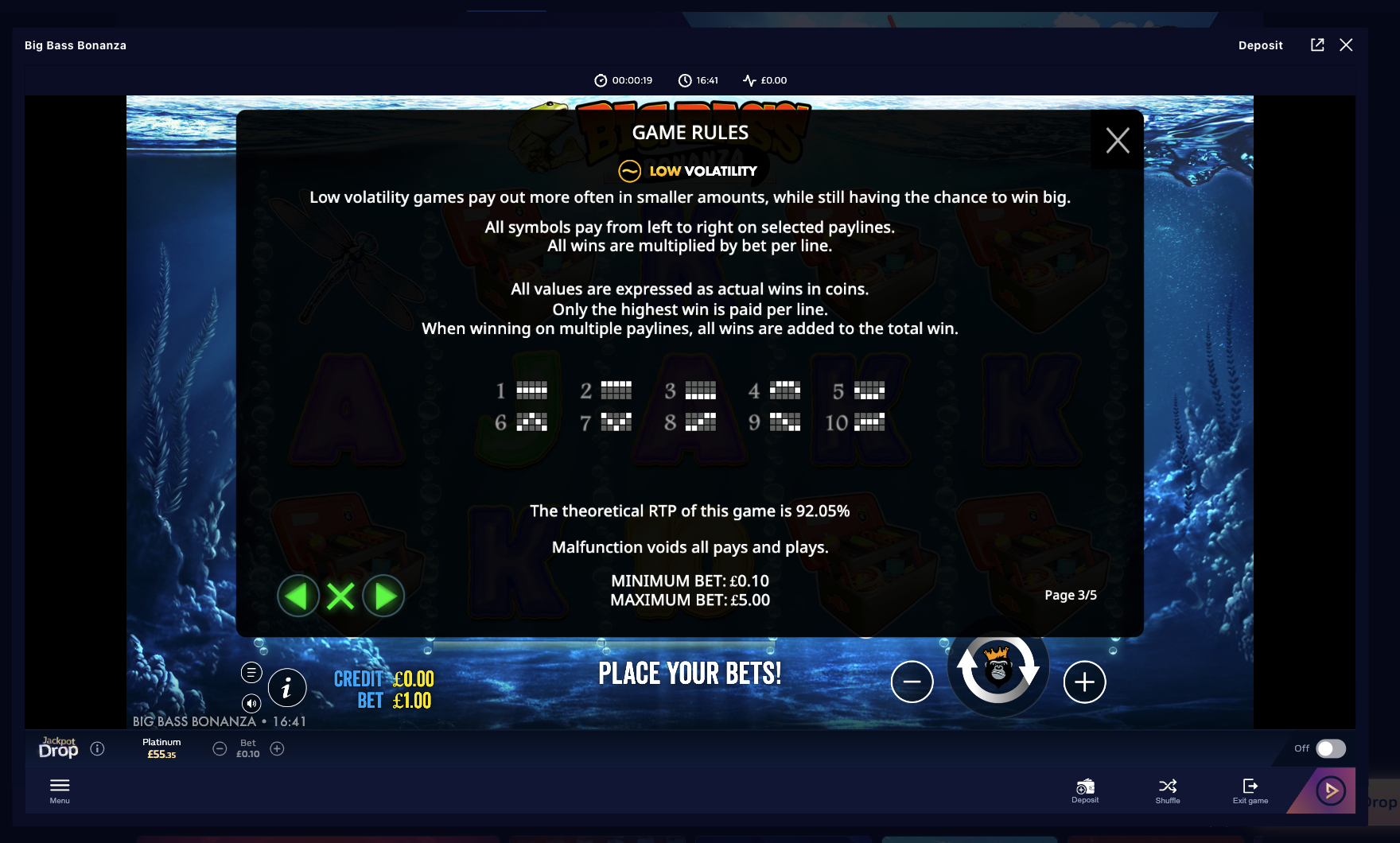 Big Bass Bonanza game rules at William Hill displaying a theoretical RTP of 92.05%