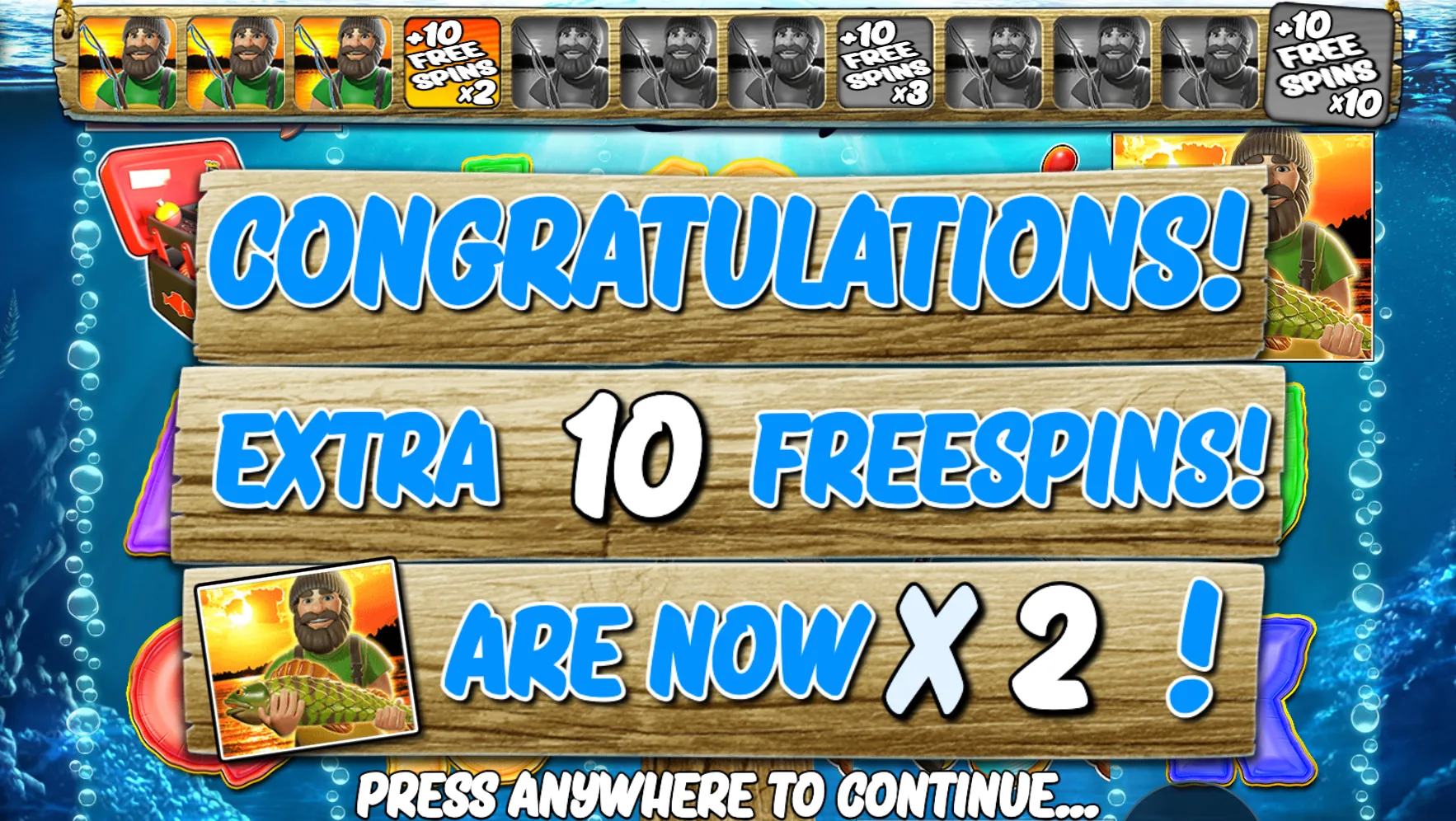 Big Bass Bonanza award screen showing 10 extra Free Spins and the Fisherman multiplier advancing to x2