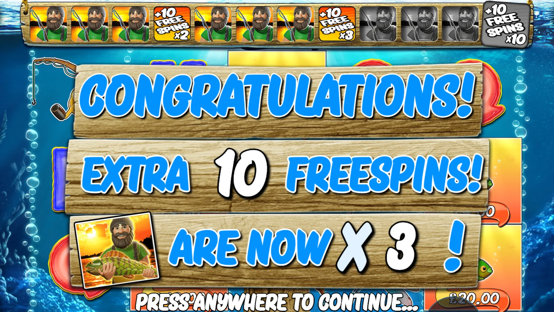 Big Bass Bonanza award screen showing 10 extra Free Spins and the Fisherman multiplier advancing to x3