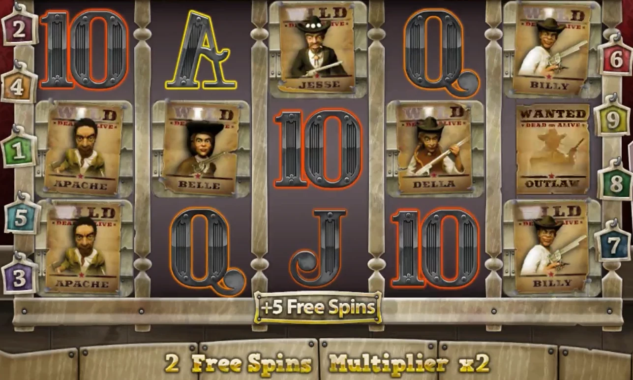 Dead or Alive Free Spins screen showing the +5 Free Spins award after Sticky Wilds appear across all five reels