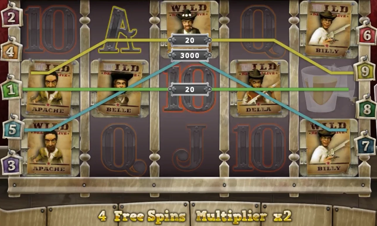 Dead or Alive Free Spins with several Sticky Wild wanted posters fixed across the reels