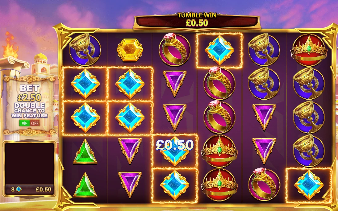 Gates of Olympus base-game tumble win showing eight matching blue gem symbols in separate positions across the grid