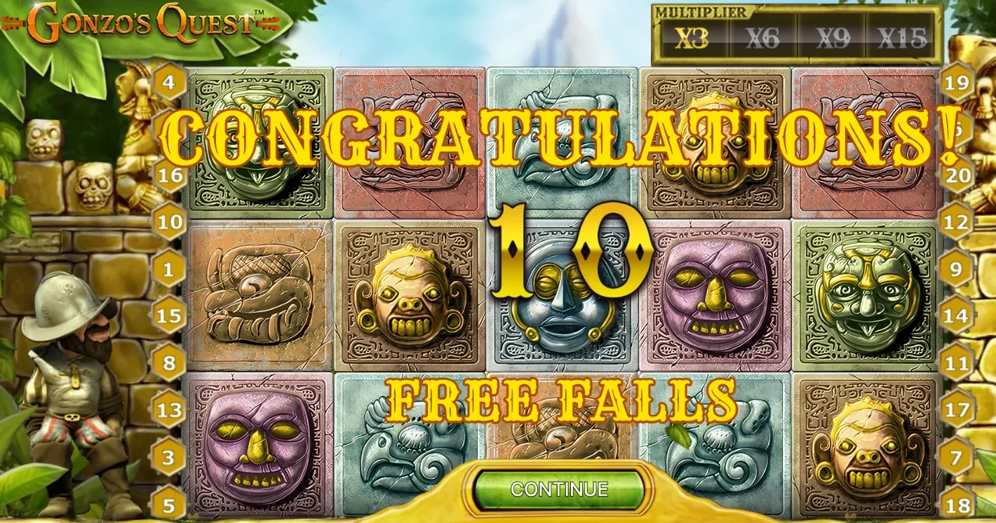 Gonzo's Quest screen showing 10 Free Falls awarded