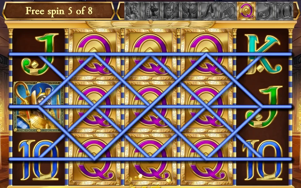Legacy of Dead Free Spins with Q expanded across reels 2, 3 and 4
