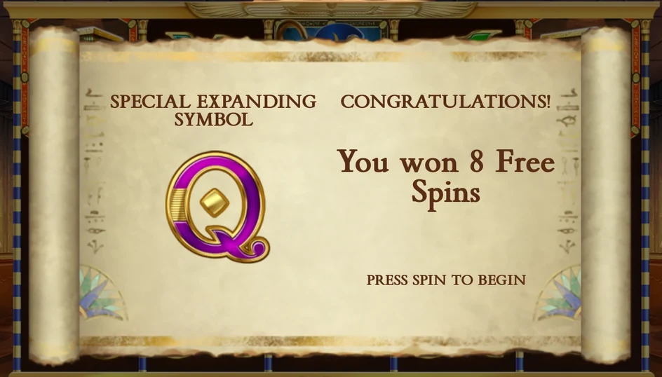 Legacy of Dead Free Spins entry screen showing 8 Free Spins and Q selected as the Special Expanding Symbol