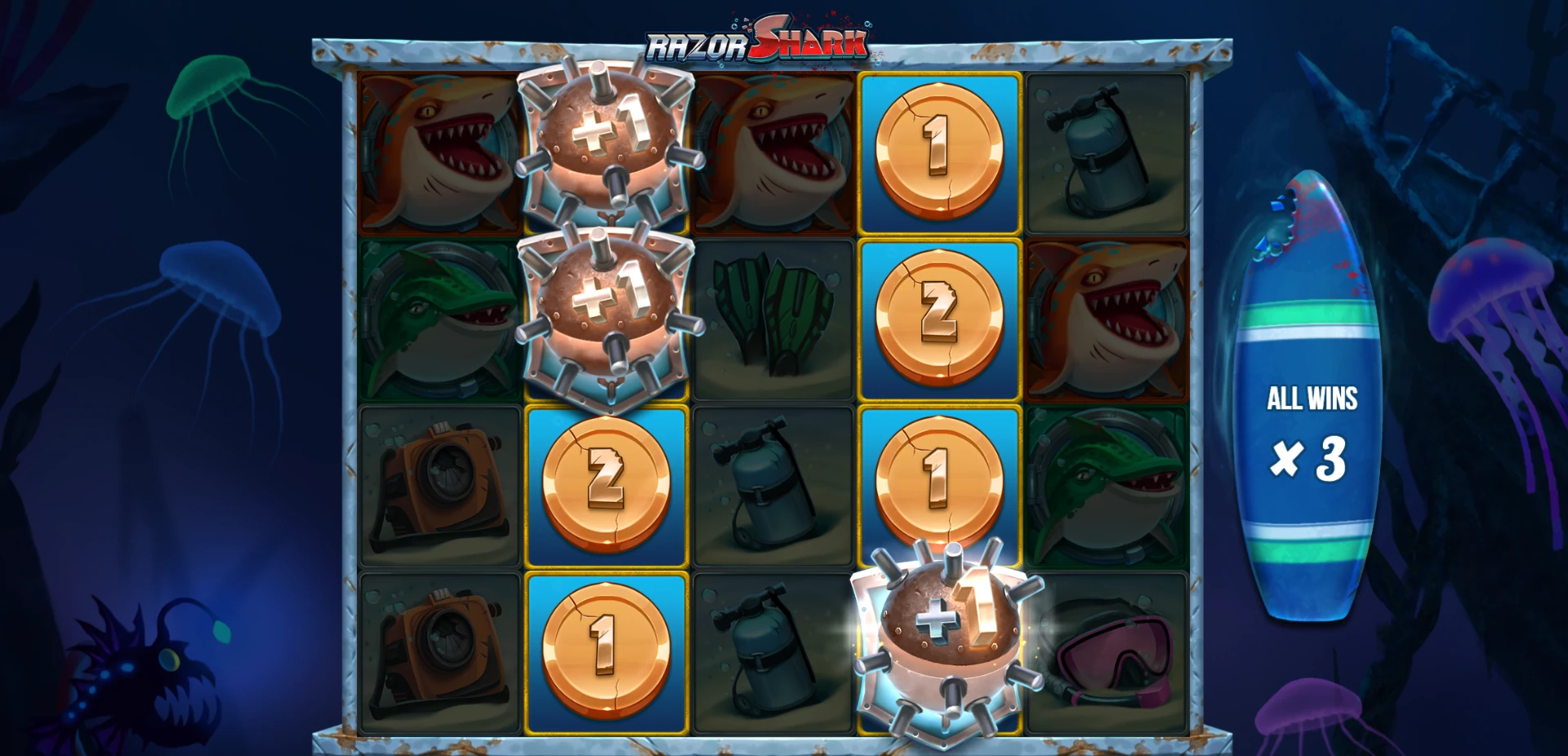 Razor Shark Razor Reveal mini-reels showing coin values and plus-one symbols