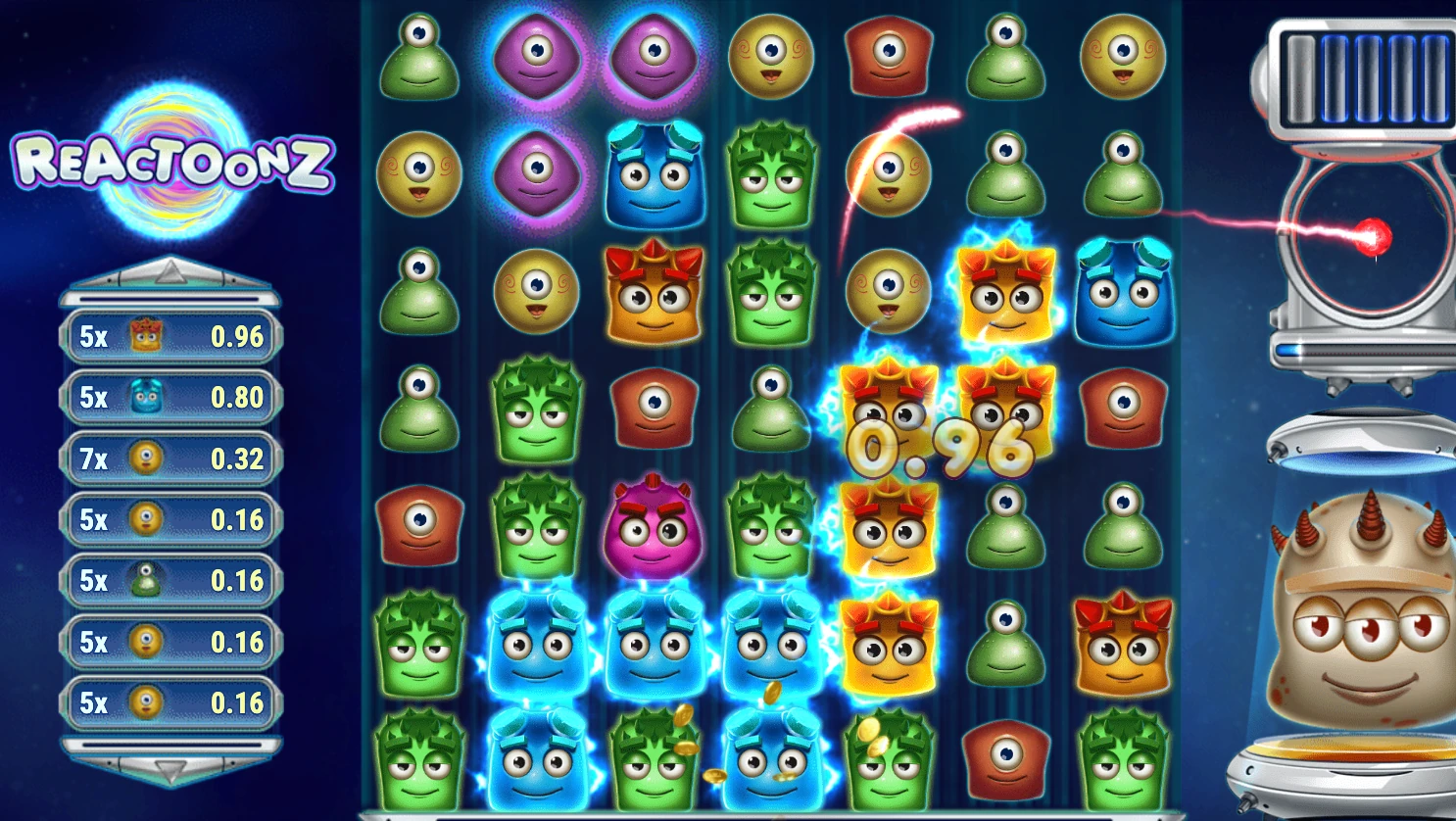 Reactoonz demo gameplay showing a highlighted winning cluster on the 7×7 grid