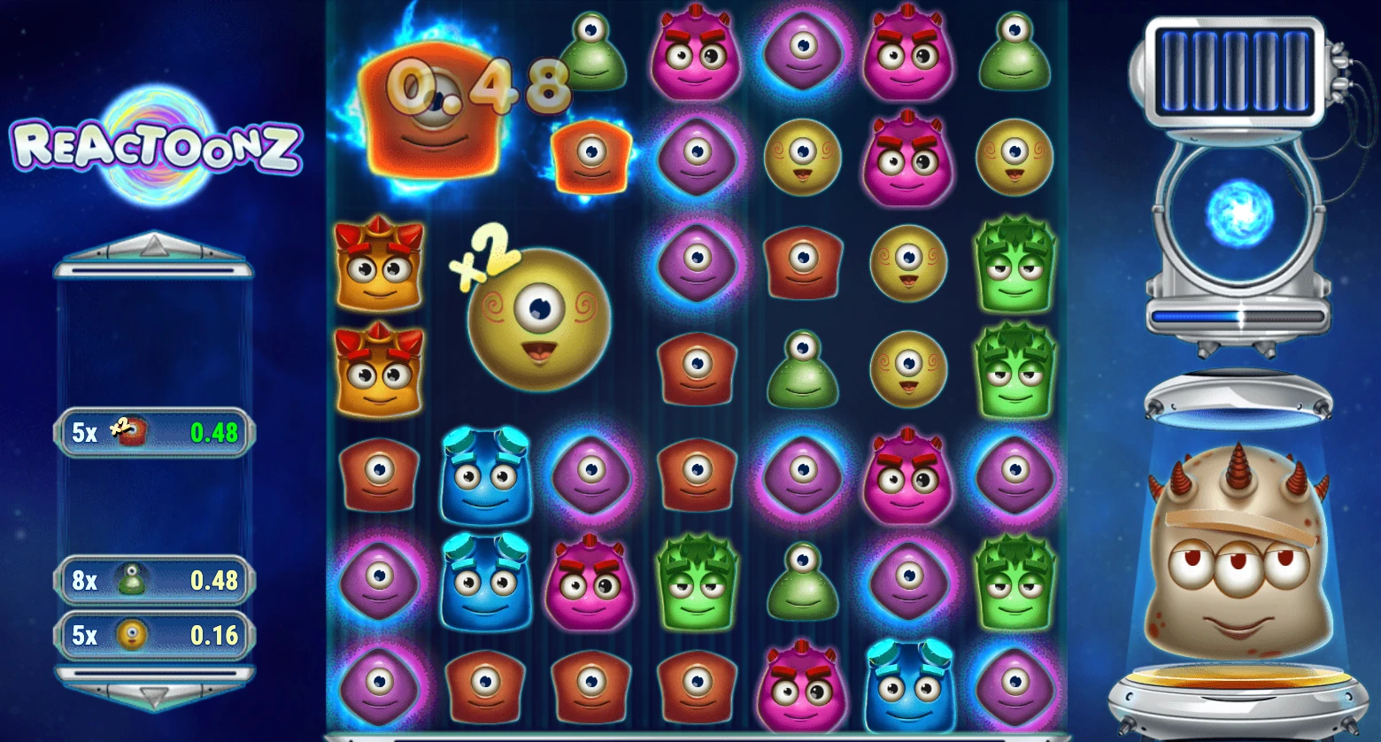 Reactoonz demo gameplay showing a Giantoonz symbol with ×2 treatment