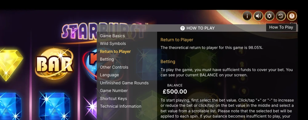 Starburst Return to Player screen showing 98.05% RTP in the Slots Temple client