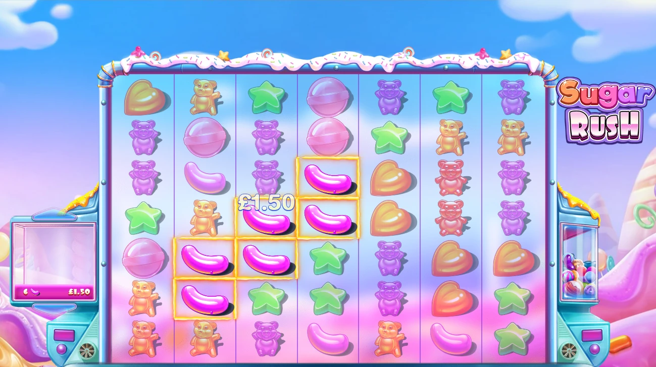 Sugar Rush 7×7 grid showing a connected winning cluster highlighted on the reels