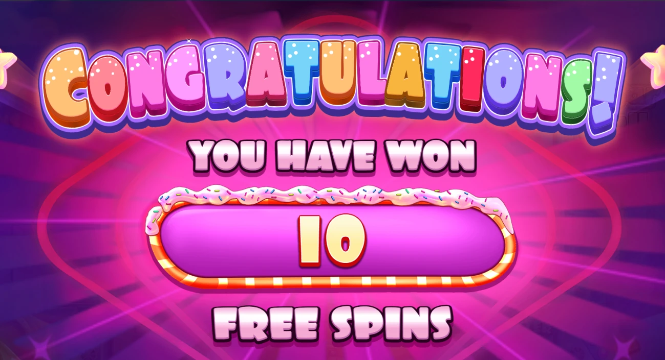 Sugar Rush award screen showing 10 Free Spins