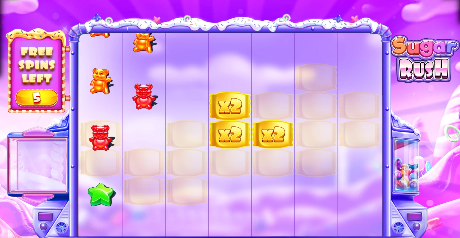 Sugar Rush Free Spins with five spins left and several x2 Multiplier Spots still visible on the grid