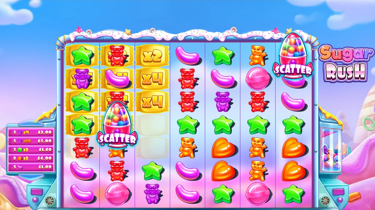 Sugar Rush grid with x2 and x4 Multiplier Spots visible on marked cells