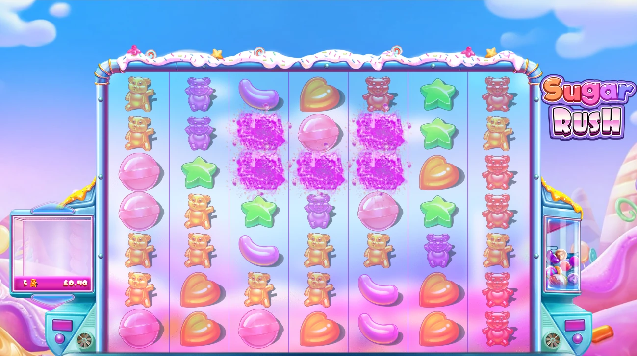 Sugar Rush Tumble Feature with winning symbols disappearing from marked positions